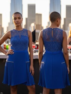 Three Floor Royal Blue Lace Pleated Mini Dress